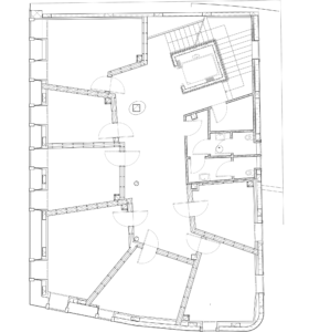 Ausführungsplan für das Erddeschoss der Casa della Musica in Altstadt, Triest: Probe- und Lehrräume. Bauvorhaben durch Finanzierung der Europäische Union gefordert