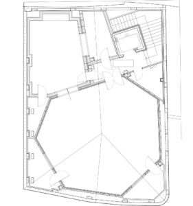 Ausführungsplan für das Dachgeschoss der Casa della Musica in Altstadt, Triest: Aufnahmestudio, Auditorium. Bauvorhaben durch Finanzierung der Europäische Union gefordert