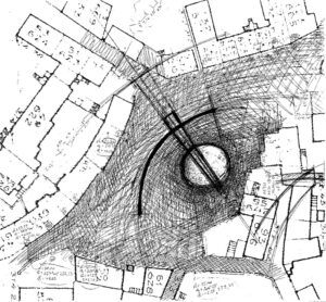 Realisierungswettbewerb für die neue Gestaltung der zwei Plätze von Opicina Triest. Entwurfsskizze für Piazza Brdina
