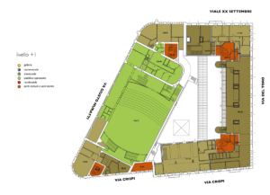 3D Funktionsgliederung und Funktionsentwurf Plan 1.OG für die Neunutzung des sogenannten Isola Chiozza Straßenblocks im Stadtzentrum Triest