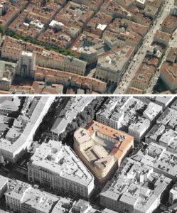 3D Luftaufnahmen des sogenannten Isola Chiozza Straßenblocks in Stadtzentrum Triest das gesamte Häuserblock sollte umgebaut und neugenutzt werden