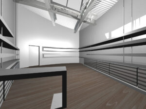 Neugestaltung des Italesse Showrooms, eine Handelsfirma für Gläser und Weinzubehör 3D Darstellung des Ausstellungssystem